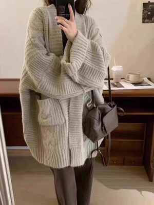 针织开衫外套女2025新款秋冬宽松中长版慵懒风加厚毛衣外搭上衣女