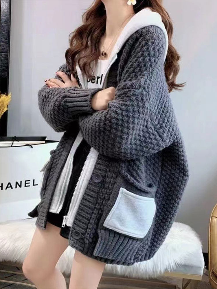 针织开衫外套女春秋2025年新款韩版慵懒风宽松显瘦连帽软糯毛衣女