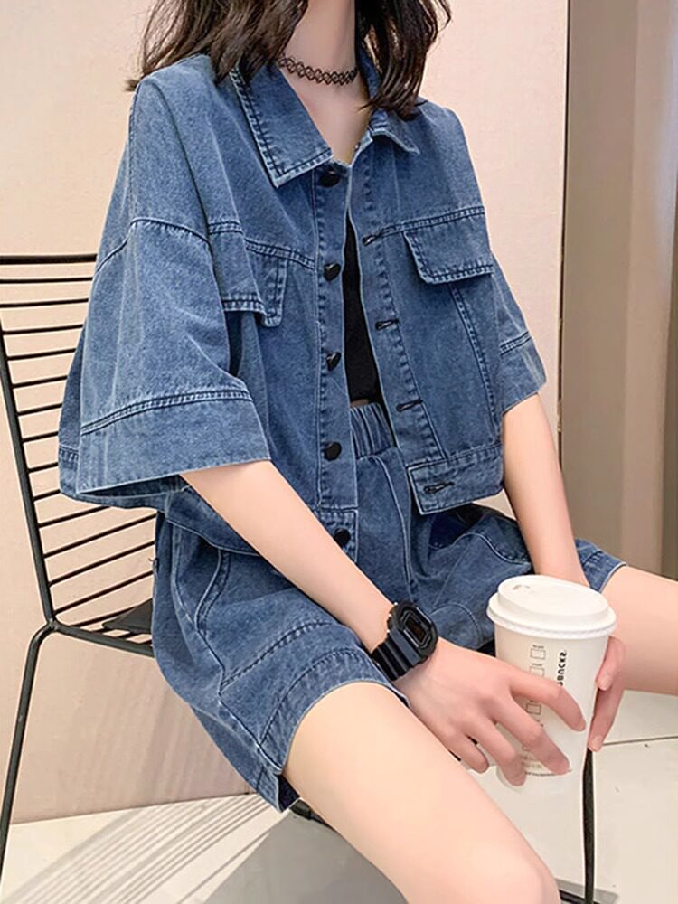 套装女夏季薄款2026新款牛仔开衫外套上衣高腰阔腿休闲短裤两件套