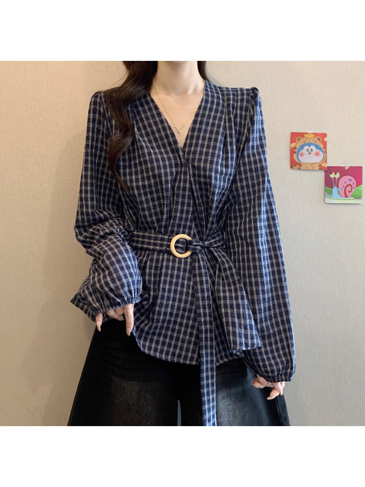 格子衬衫女长袖春秋2025新款高级设计感减龄洋气收腰v领衬衣上衣