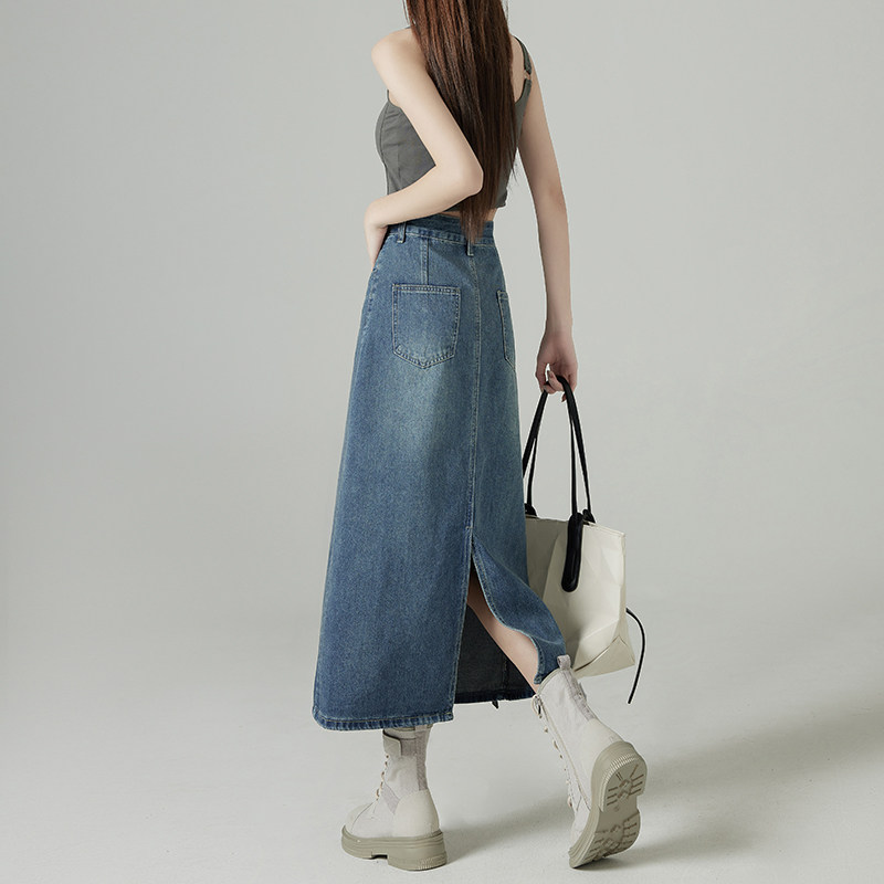 后开 叉牛仔半身裙女夏季薄款2025新款小个子高腰a字中长版包臀裙
