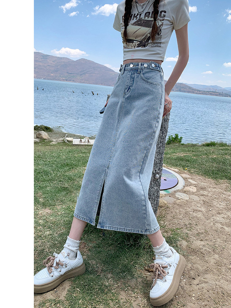 浅蓝色牛仔半身裙女夏季2025新款高腰显瘦a字小个子开叉包臀长裙