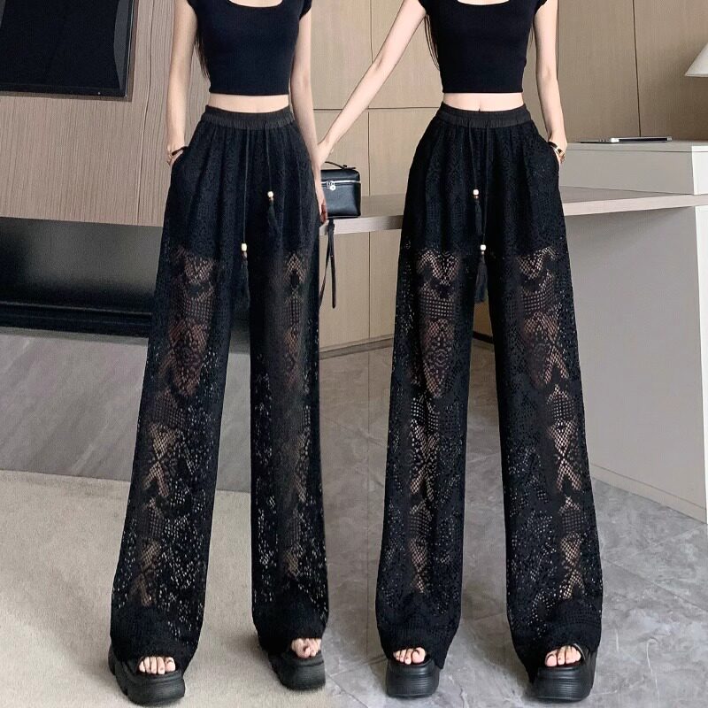 阔腿裤女夏季薄款2025新款高腰垂感直筒小个子蕾丝镂空拖地休闲裤