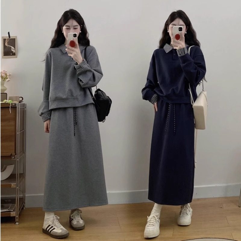 套装女秋冬2025新款高级感大码假两件卫衣半身裙子休闲时尚两件套