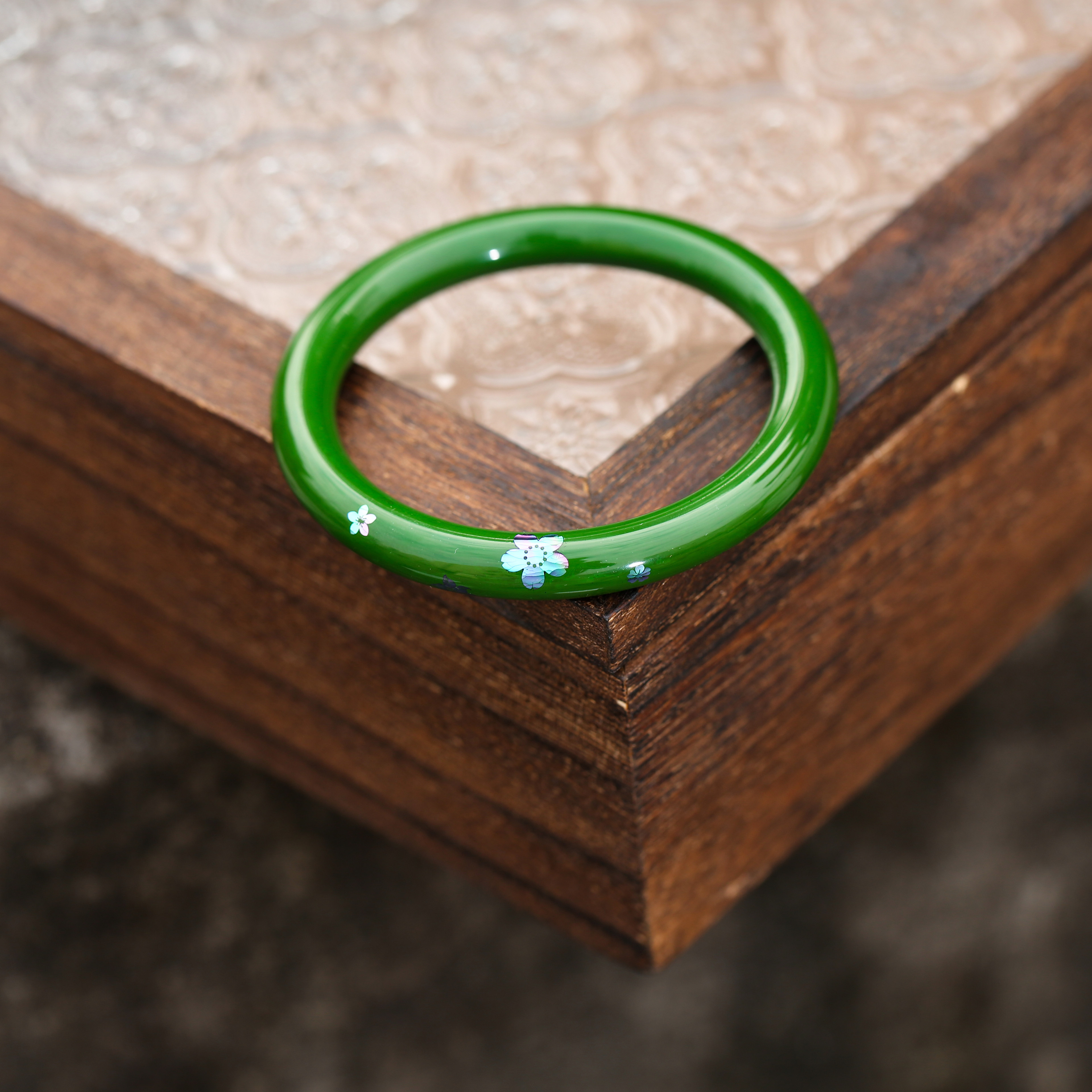 纯手工非遗大漆天然漆器手镯绿色螺钿樱花女款镯子新中式松礼物