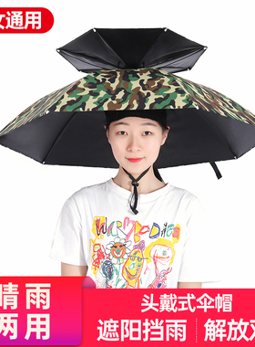 伞帽头戴雨伞帽子钓鱼头戴太阳伞户外采茶环卫防晒斗笠伞折叠大号
