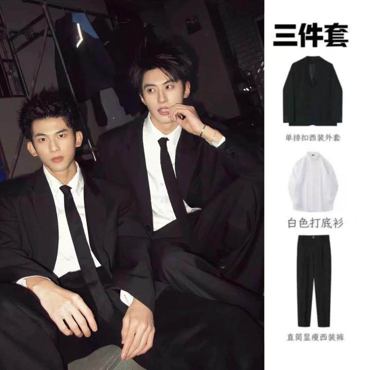 黑色英伦风西装套装外套男痞帅成熟稳重韩系正装大学生西服班服