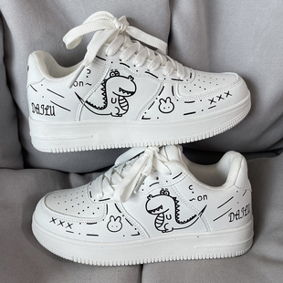 男情侣百搭运动板鞋 国潮男鞋 ins潮牌小众设计恐龙涂鸦厚底小白鞋