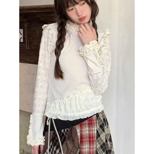 小香风花边领打底衫 t恤 半高领叠穿单穿上衣女小众内搭外穿长袖
