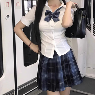 冈梨田 格子半身百褶裙学生套装 纯欲风美式 原创jk裙制服校供感衬衫