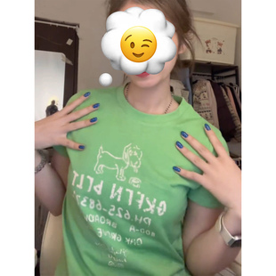 夏季复古印花绿色正肩小狗短袖t恤女美式修身圆领彩色上衣短款ins