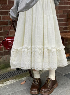 森系毛绒半身裙加厚针织蕾丝裙子少女感小个子a字裙中长秋冬半裙