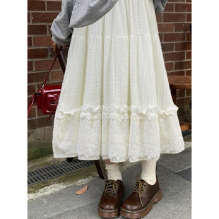 森系毛绒半身裙加厚针织蕾丝裙子少女感小个子a字裙中长秋冬半裙