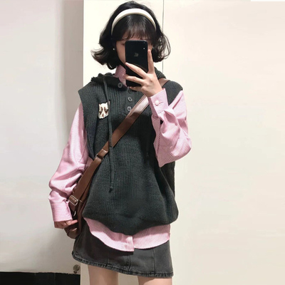 可爱半开衫毛衣马甲衬衫两件套