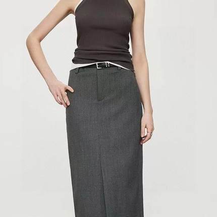 TH重磅羊毛百搭前开衩半身裙女2024秋冬新款宽松高腰直筒裙不带标