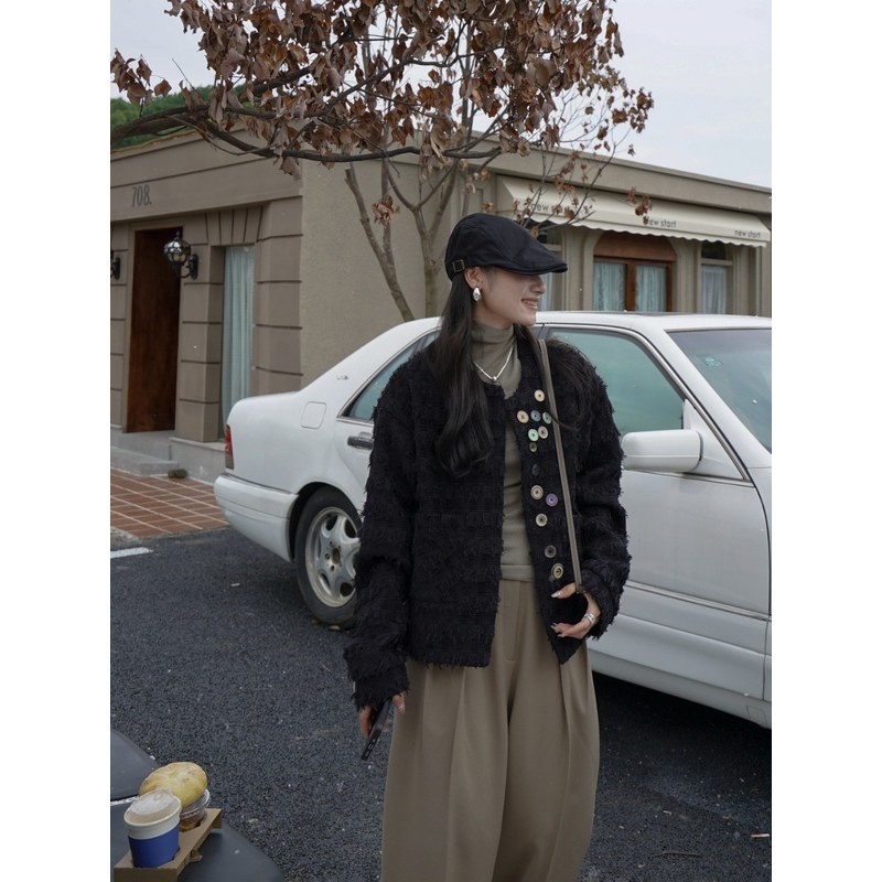 【粉丝福利】CLO 23秋小香风彩扣粗花呢无领夹克个性设计百搭外套