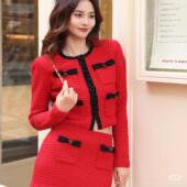 粉丝福利2024SP气质红色重工镶钻小香风华夫格针织开衫 半裙女套装