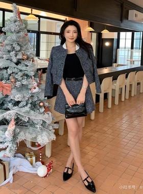 SP2025早春新款蓝混色短款外套短裙粗花呢小香风套装女