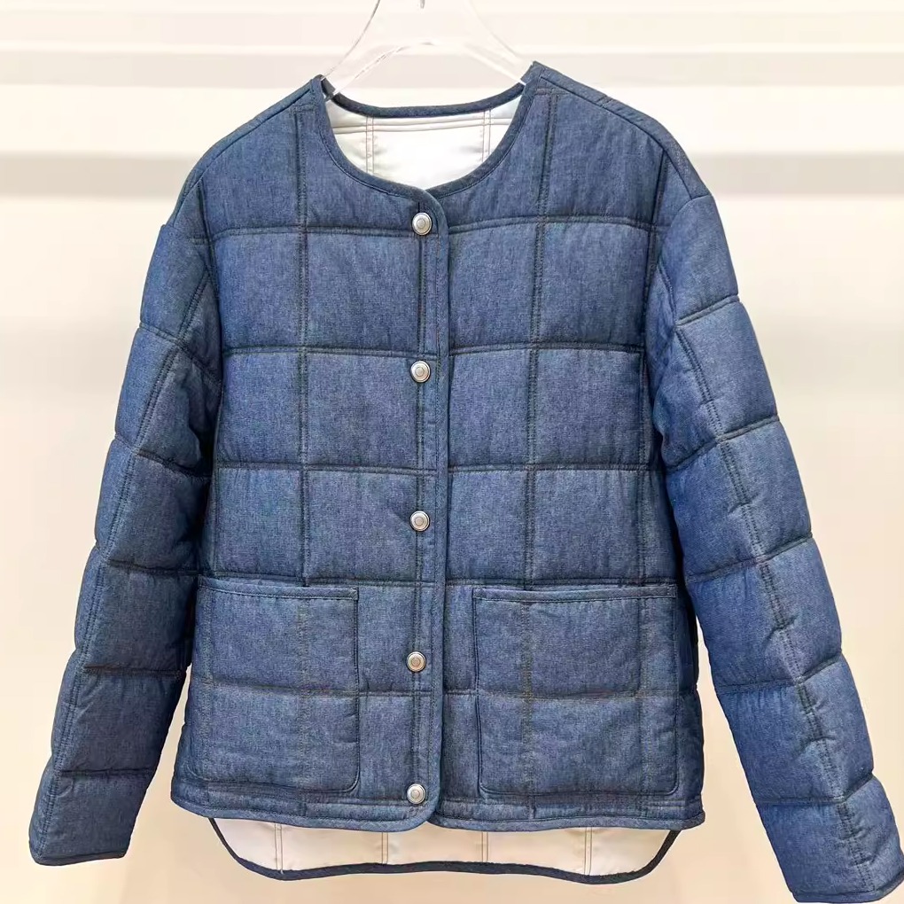 方格不规则下摆洗水牛仔棉服