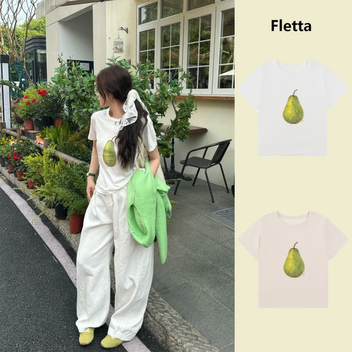 fletta梨子手绘印花短袖T恤女夏