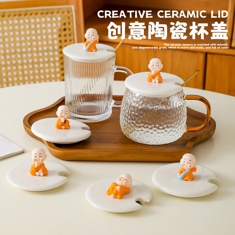 小和尚陶瓷杯盖通用创意带勺孔