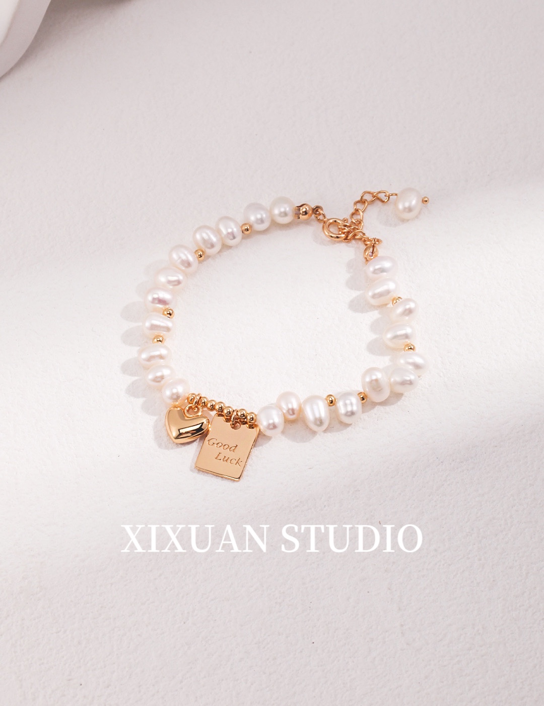 XIXUAN s925珍珠手链女爱心吊牌米珠手链轻奢小众精致串珠手串