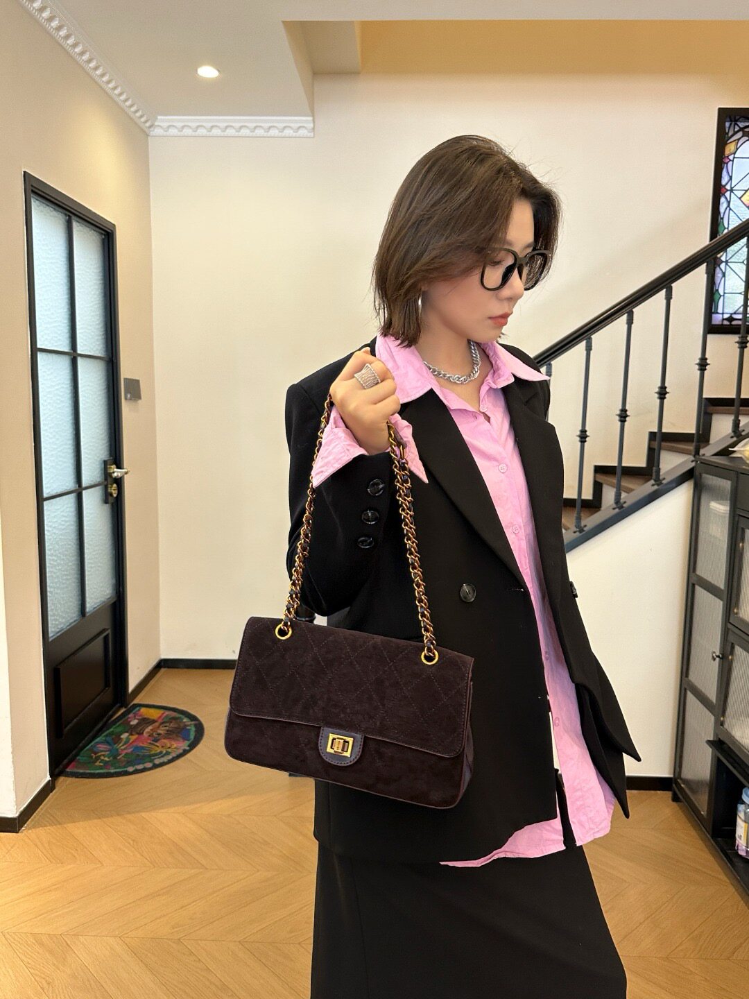 美缇2023秋冬新品女包高级感磨砂皮菱格绣线链条包百搭单肩斜挎包