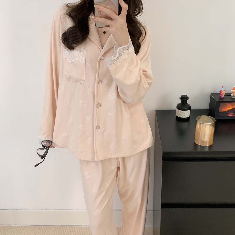 可爱卡通睡衣女款秋冬季磨毛保暖德绒长袖长裤休闲家居服套装