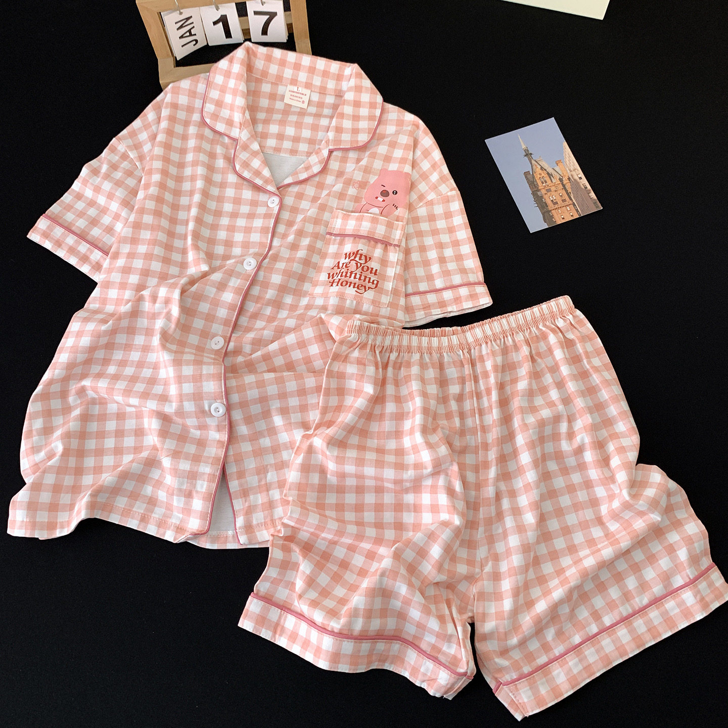 2026夏季浅粉格子睡衣套装女生卡通可爱宽松短袖短裤家居服两件套