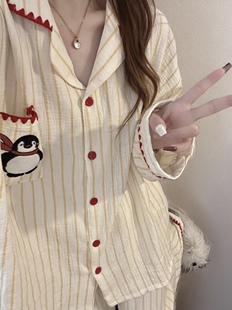 秋天条纹企鹅2025新款双层棉纱睡衣女长袖柔软纯棉纱布家居服套装