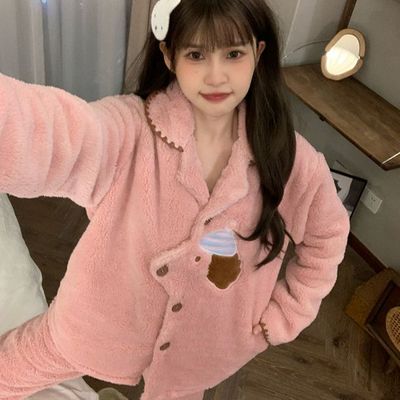 睡衣女生珊瑚绒冬季2025年新款可爱小狗开衫法兰绒家居服外穿套装