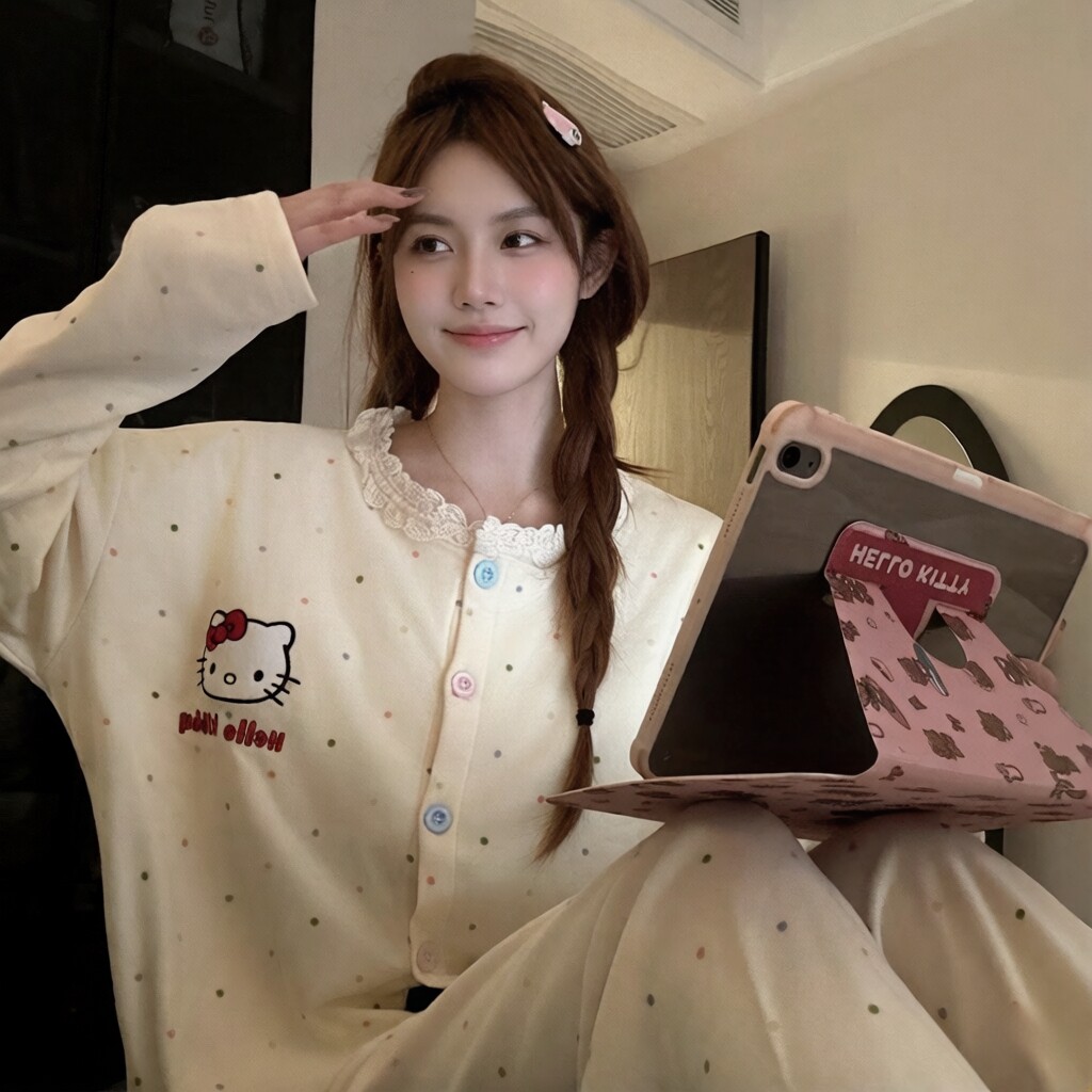 甜蕾Kitty卡通睡衣女款春秋2026新款纯棉长袖长裤家居服套装