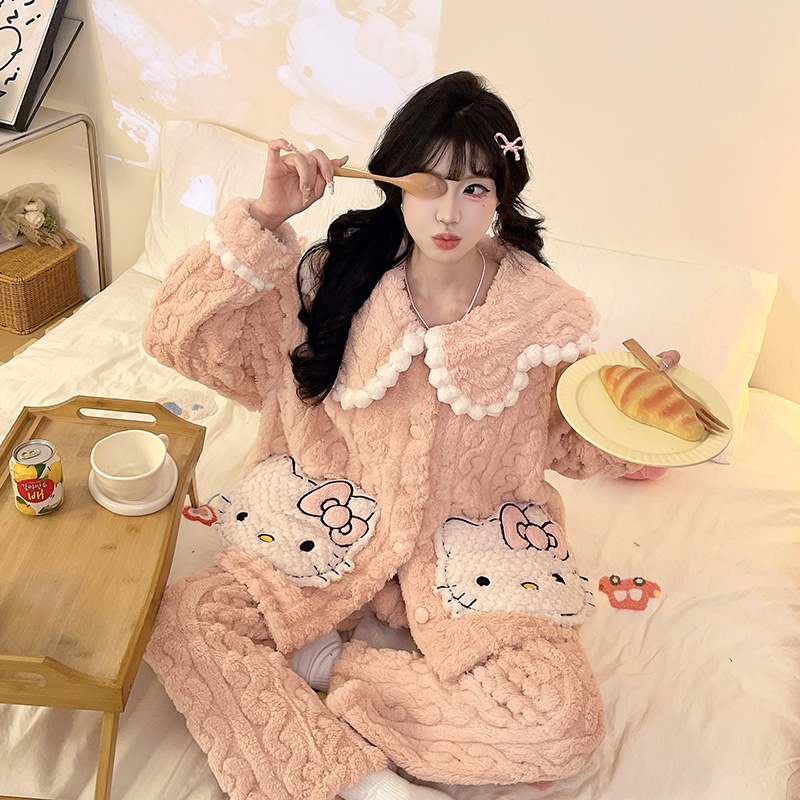 珊瑚绒睡衣女冬季加厚加绒保暖卡通可爱法兰绒家居服两件套装外穿