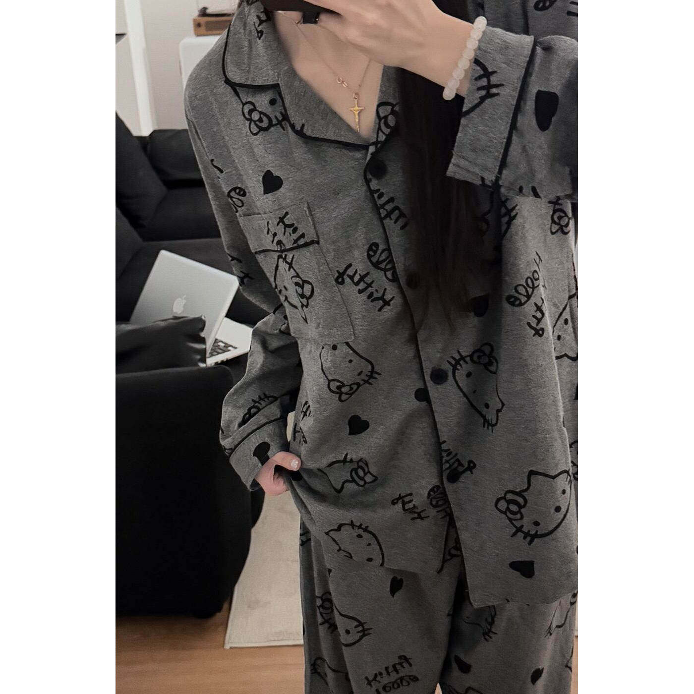 2025春秋冬灰色kitty猫咪睡衣女纯棉长袖卡通日系开衫家居服套装