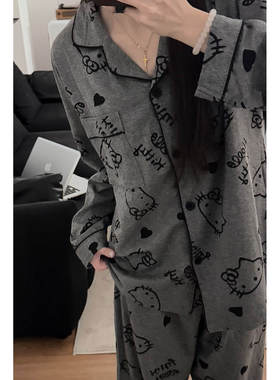 2025春秋冬灰色kitty猫咪睡衣女纯棉长袖卡通日系开衫家居服套装