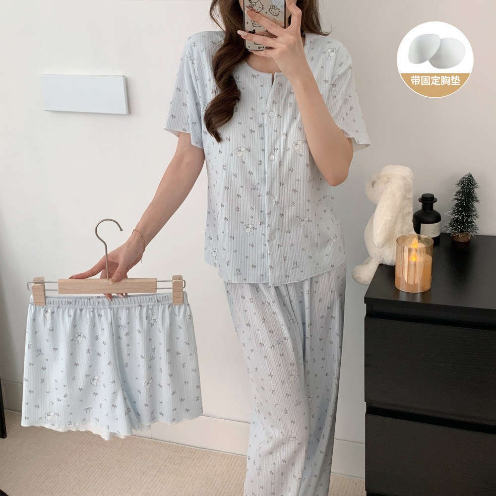 全纯棉睡衣女短袖长裤夏款三件套甜美碎花可外穿开衫家居服春秋季