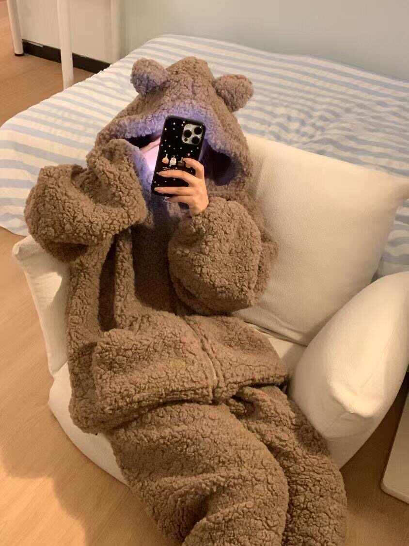 冬季加绒加厚卡通小熊珊瑚绒保暖睡衣女法兰绒连帽开衫家居服套装
