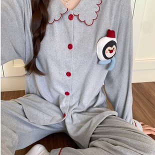 黄油卡通可爱企鹅长袖睡衣女春秋冬季保暖德绒休闲可外穿家居服
