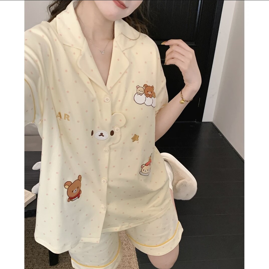 纯棉睡衣女夏季新款短袖可外穿奶黄色宽松卡通小熊刺绣家居服套装