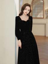丝绒晚礼服裙女2025新款高端年会指挥小众黑色长裙高级感大码轻奢