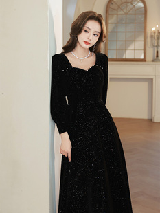 丝绒晚礼服裙女2025新款高端年会指挥小众黑色长裙高级感大码轻奢