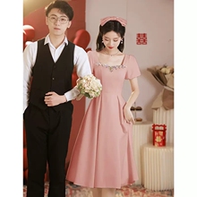 粉色伴娘服2025新款春夏小个子姐妹团礼服裙女平时可穿显瘦高级感