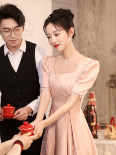 粉色礼服日常可穿轻奢高级感领证订婚连衣裙中长款参加婚礼伴娘服