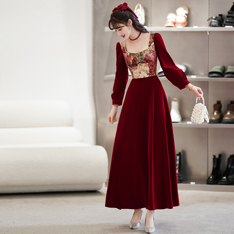 时尚方领长袖高级晚礼服连衣裙