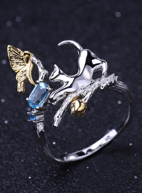 设计师款自然风S925银欧美复古vintage小众精工镶嵌纯银开口戒指