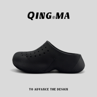 半拖鞋 外贸男女夏季 百搭时尚 厚底增高休闲镂空洞洞鞋 透气包头拖鞋