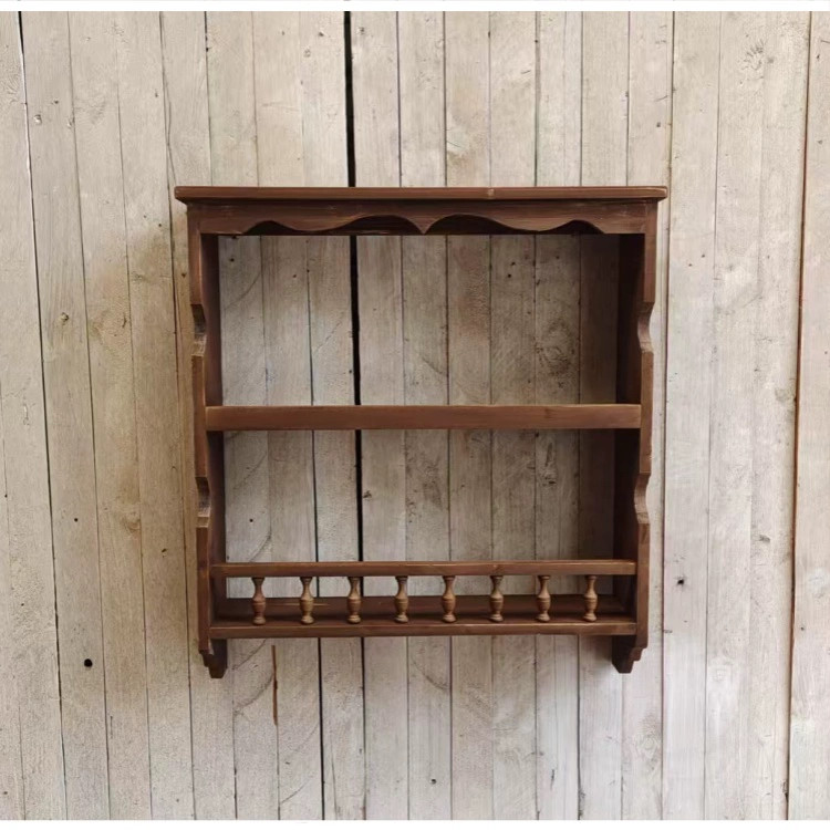 中古风实木网红壁式碗碟置物架咖啡店餐厅复古上墙收纳架陈列柜