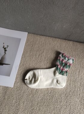 超美 STRE* 森系 水晶丝拼接棉  花卉  中筒女袜