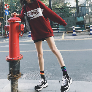 彩色条纹袜子女ins潮日韩网红外穿搭鲨鱼裤 运动彩虹中筒袜 老爹鞋