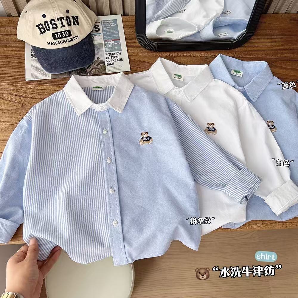 巴拉可儿学院风刺绣小熊翻领长袖衬衫男童韩版条纹拼接上衣